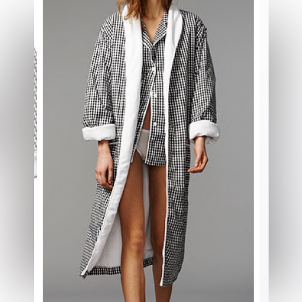 Marigot Maya bathrobe black and white gingham terry lined size S